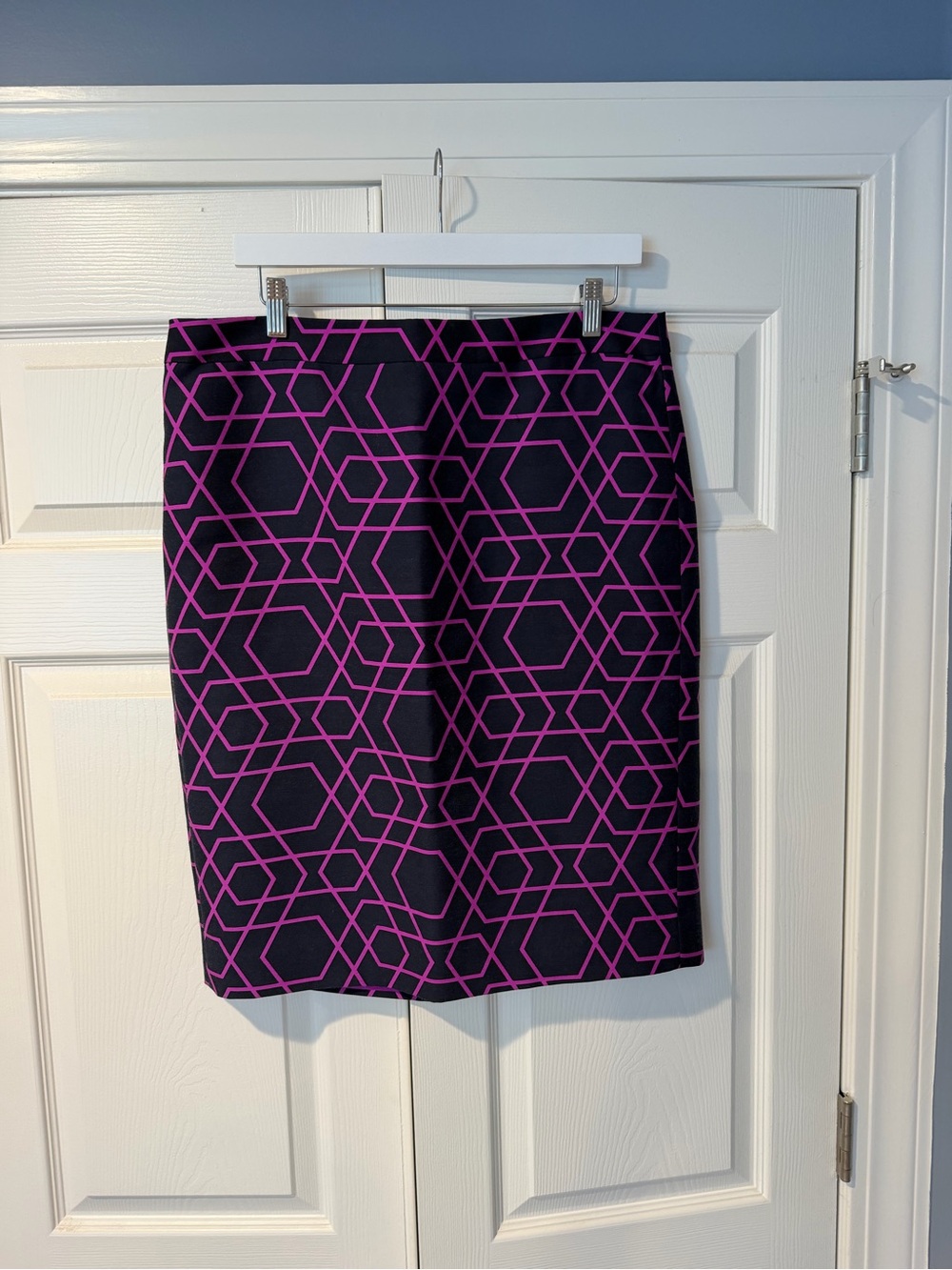 J. Crew Black Pencil Skirt with Purple Geometric Print